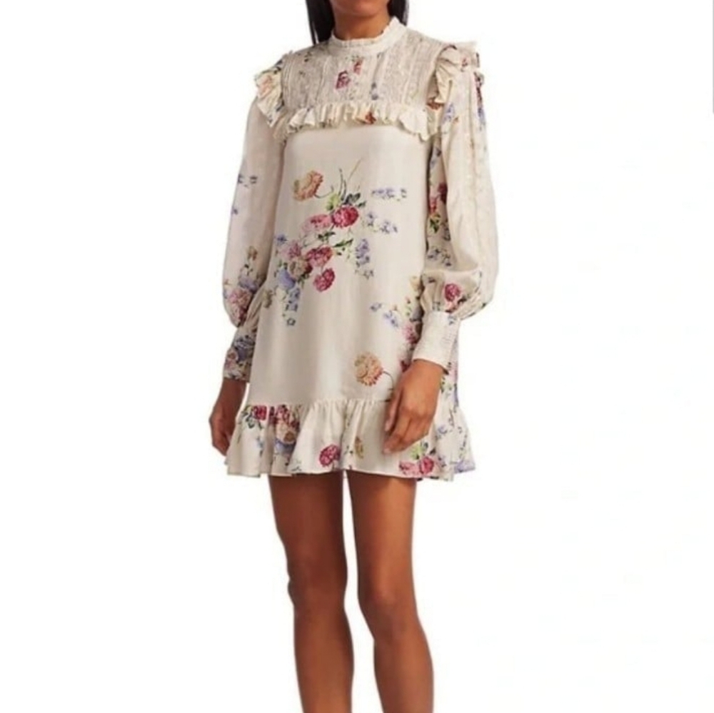 Loveshackfancy Saffron Floral Ruffle Lace-Yoke Silk Shift Dress